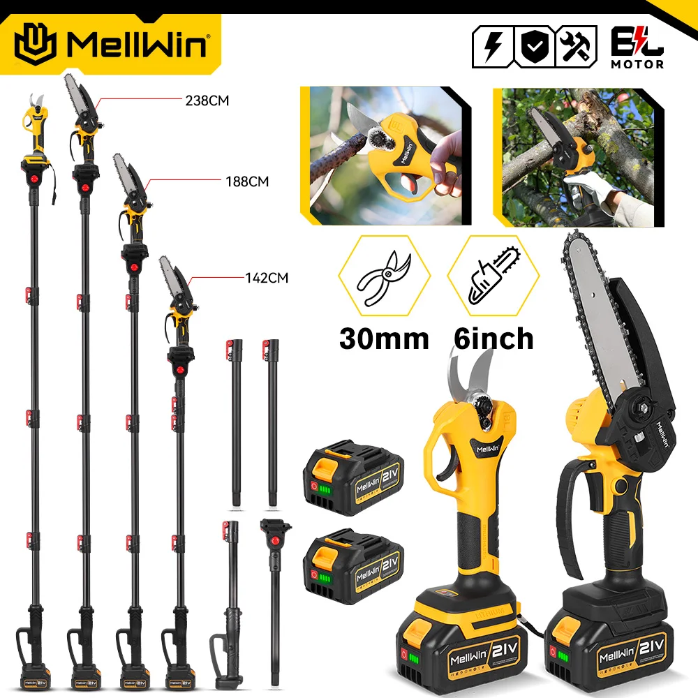 MELLWIN Garten Beschneiden Werkzeug Sets Bürstenlosen Elektrische Hohe Zweig sah 2m Teleskop Pole Schere Für Makita 18V Batterie pin