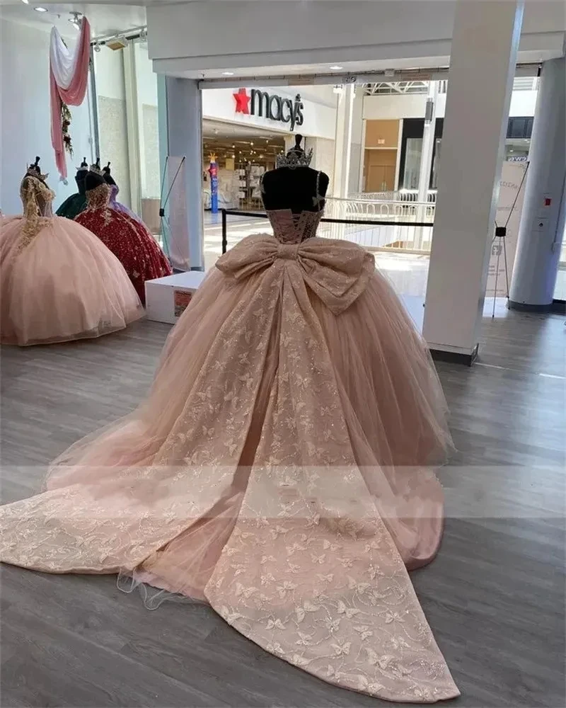 Schillernde rosa glänzende Quince anera Kleid Vestidos de 15 Anos mit großen Bogen Schmetterling süße 16 formale Geburtstags feier Kleider