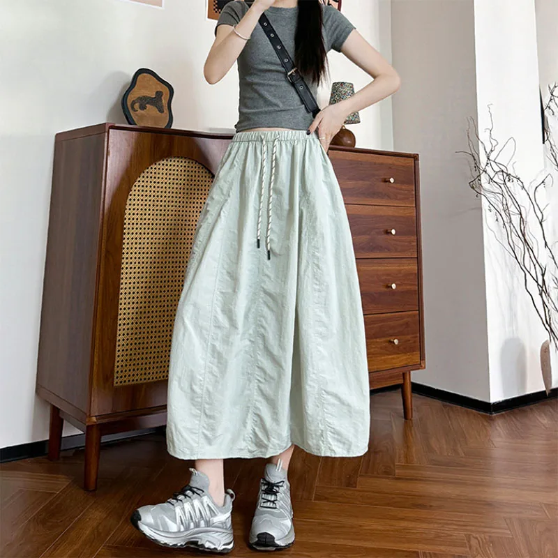 Harajuku Loose Parachute Skirts Women Vintage Streetwear Drawstring Long Skirt Female Summer Elastic Waist Solid Maxi Skirts
