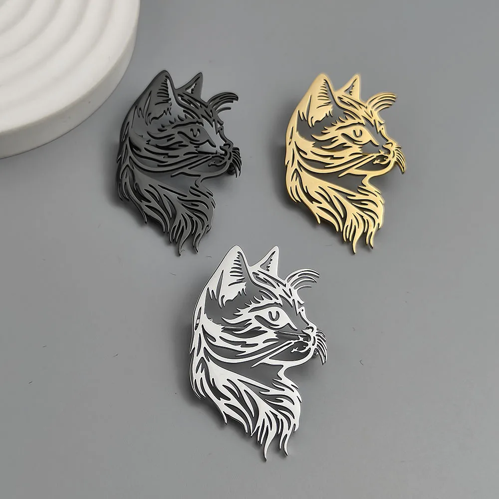 Cat Head Profile Brooch Hollow Stainless Steel Pin Gold Black Silver Color Cute Animal Badge for Women Coat Accessories
