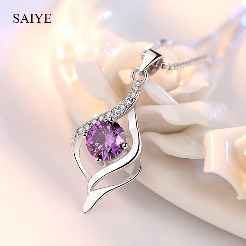 925 Sterling Silver Twist Pendant Necklace for Women Round Cut Purple/White Zircon Infinity Love Necklace Bridal Wedding Jewelry