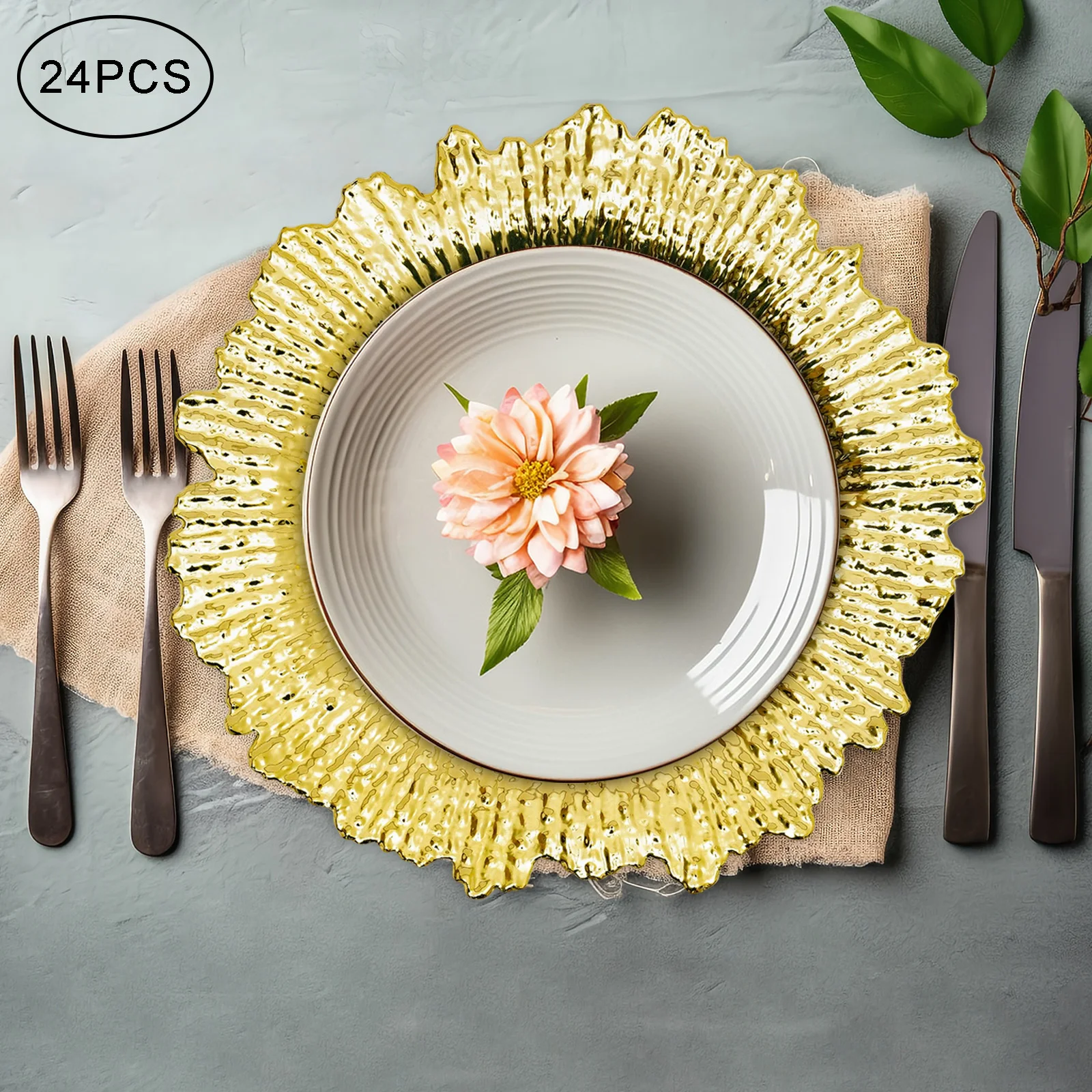 24Pcs Charger Plates, Round Gold Salad Reef Plate for Dinner Plates,Wedding,Party Elegant Decoration