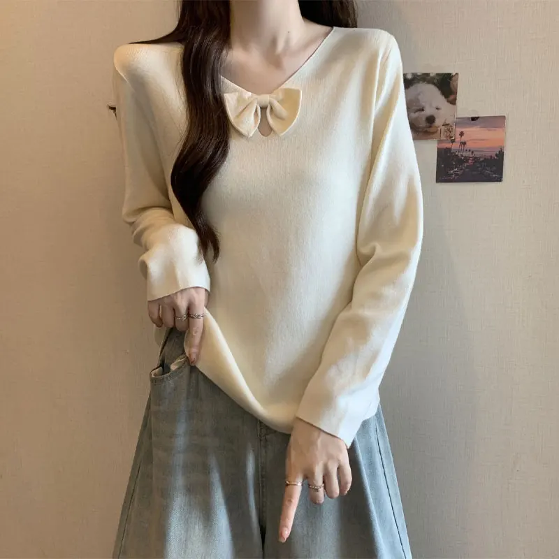 

Basic Stylish Bow Sweaters V-Neck Female Clothing Solid Color 2024 Autumn Winter Casual Korean Loose Long Sleeve Knitted Jumpers