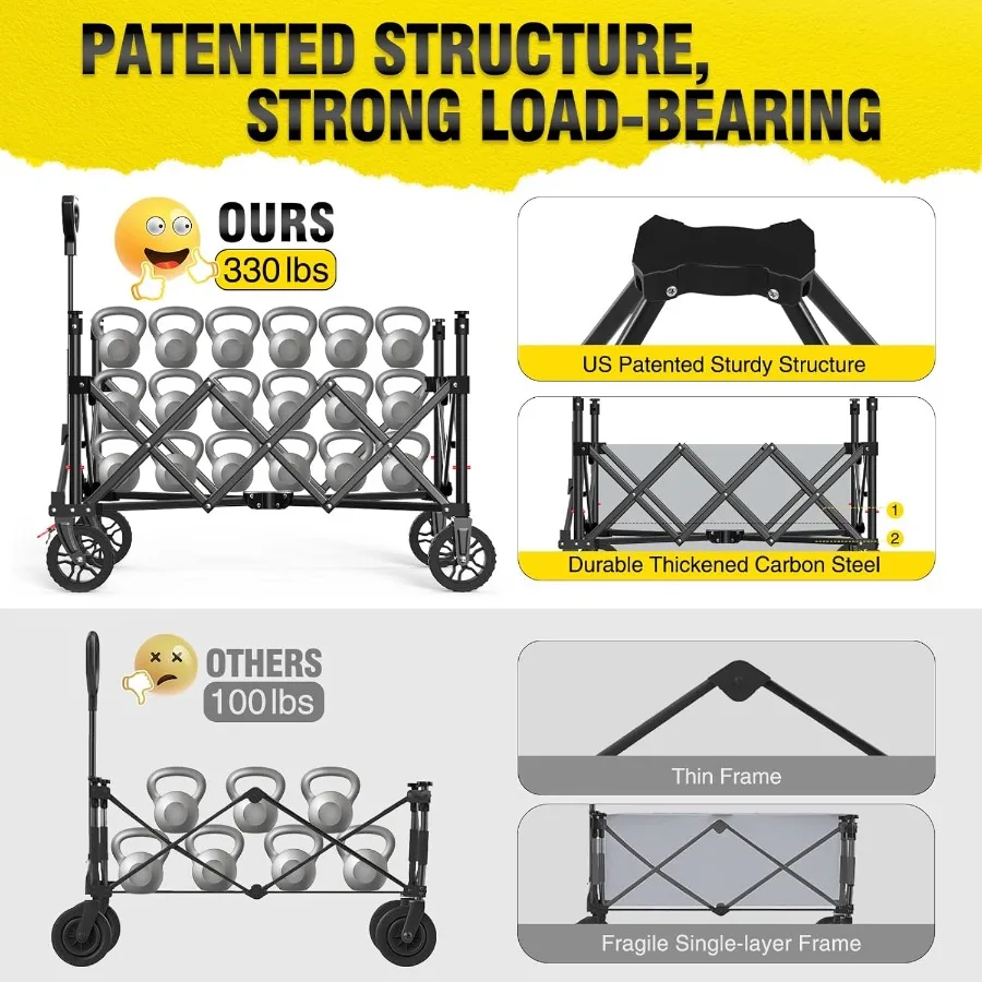 عربة عربة قابلة للطي بسعة كبيرة 150 لتر ودعم وزن 330 رطل للتخييم والحديقة والتسوق والبقالة والرياضة