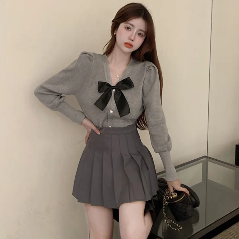

Slimming Knitted Sweater Women's Spring Autumn New Style Waist-Cinching Knot Design Retro Base Shirt Fashion Set