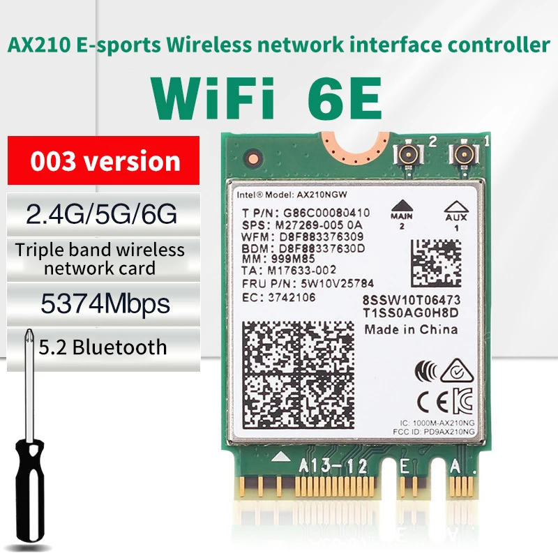 1PC For Laptop PC WiFi 6E AX210 Bluetooth 5.2 M.2 Wireless Card AX210NGW 2.4Ghz 5Ghz 6Ghz 5374Mbps 802.11ax AX200 Adapter