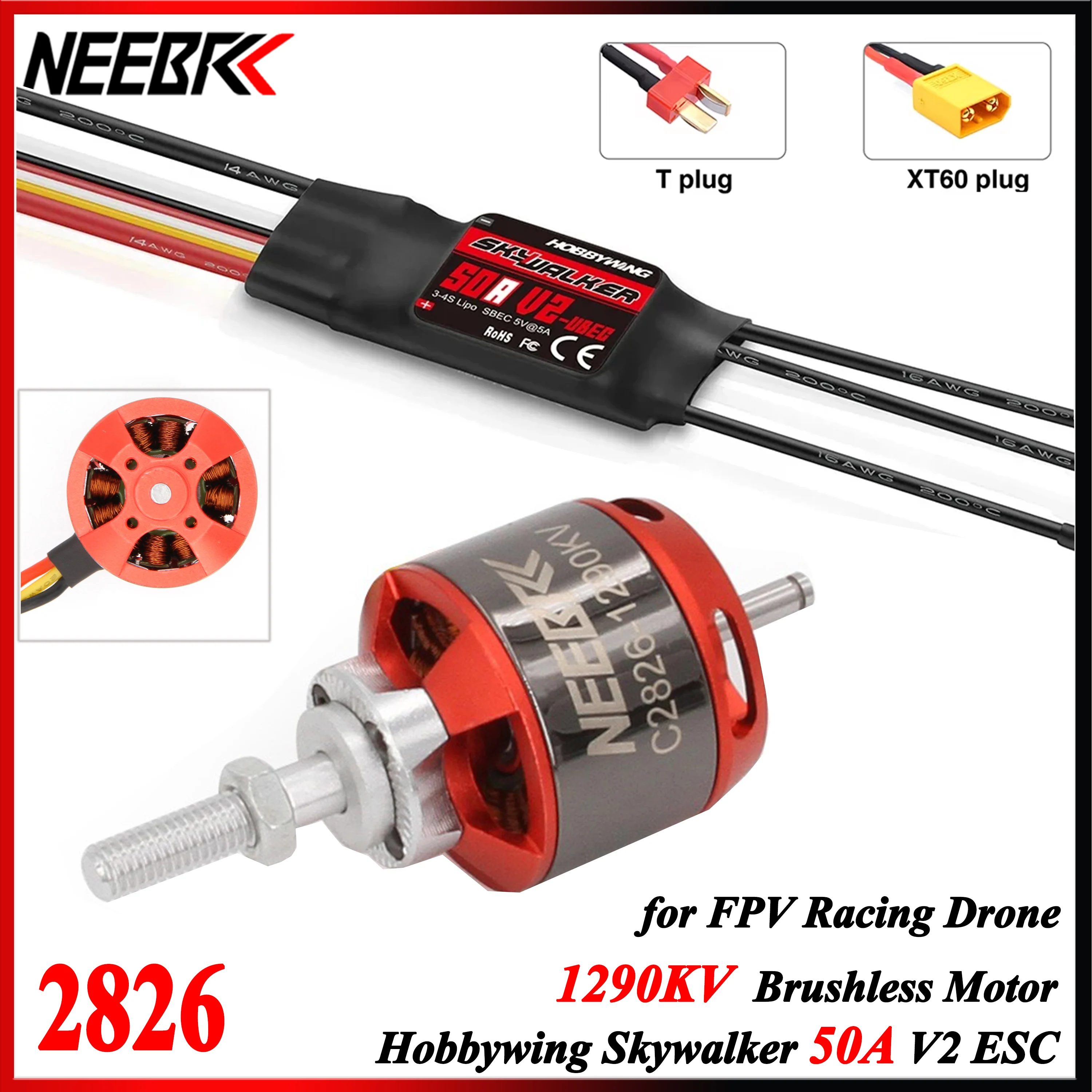 NEEBRC 2826 1290KV Brushless Motor Skywalker 50A V2 ESC T Plug XT60Plug for RC FPV Racing Drone Quadcopter Fixed-wing Parts