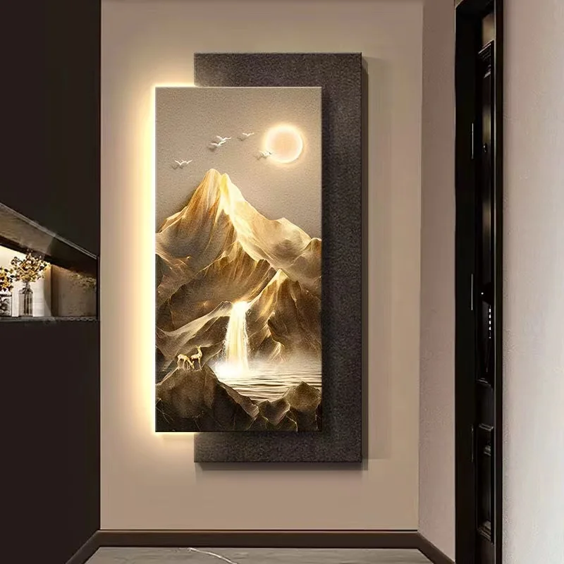 3D sandstone landscape painting, corridor decoration painting, minimalist high-end living room hanging painting, wall lamp