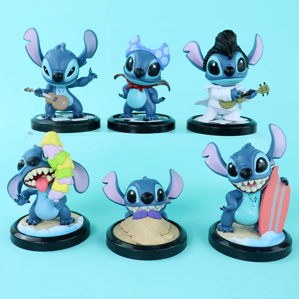 6pcs 스티치 애니메이션 피규어 인형 만화 스티치 장난감 장식품 마이크로 풍경 케이크 장식 모델 Pvc 그림 아이 생일 선물
