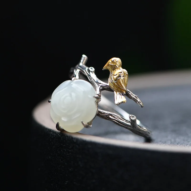 

Magpie on Plum Blossom Ethnic Gold Plated 925 Silver Bird Rings Women Natural Hotan Jade Flower Ring China Chic Jewelry Trendy