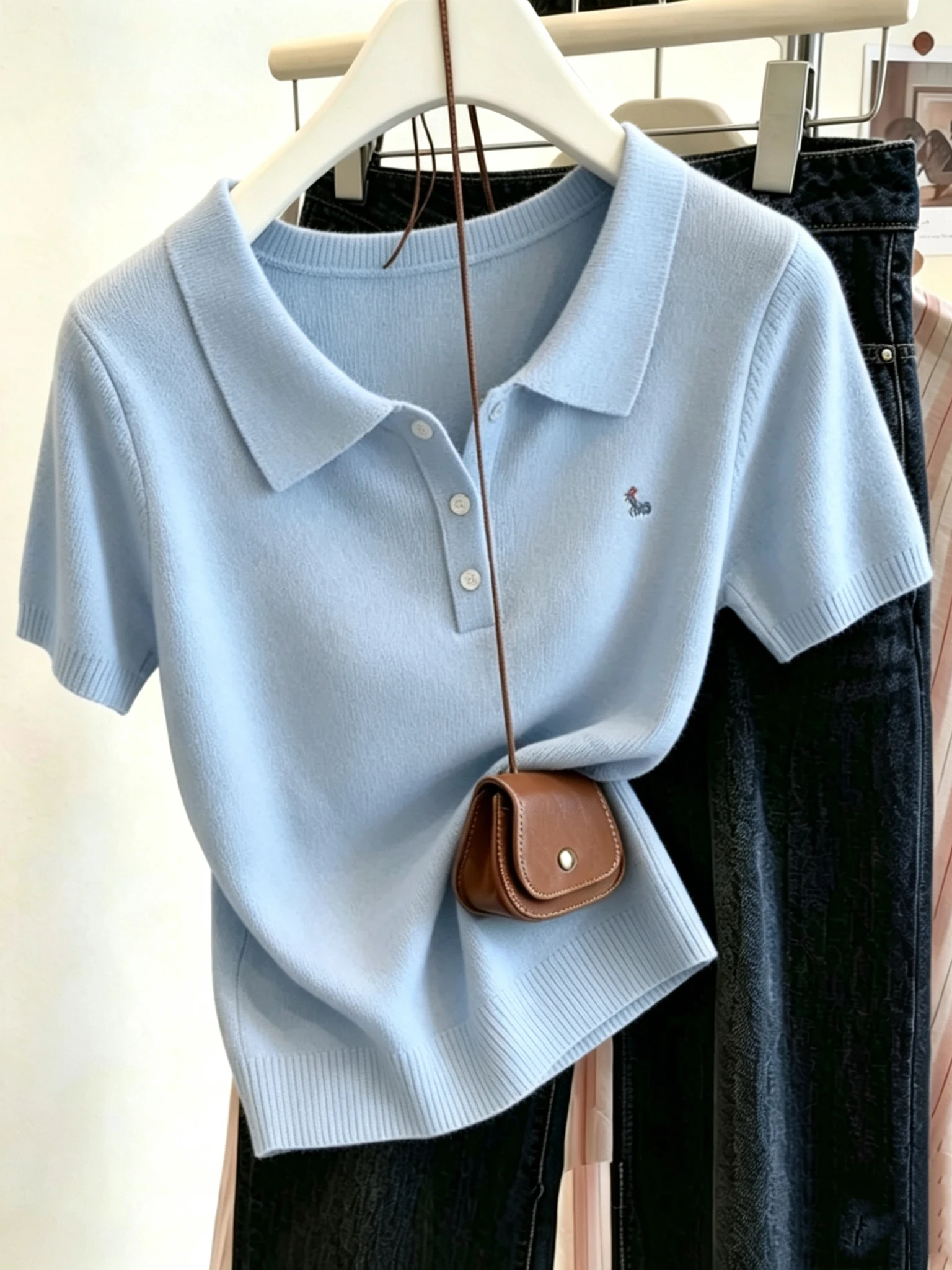 

plus Size Women's Embroidered Collar Knitted Short Sleeve T-Shirt Summer Thin Loose Belly Covering Slimming Blue Top