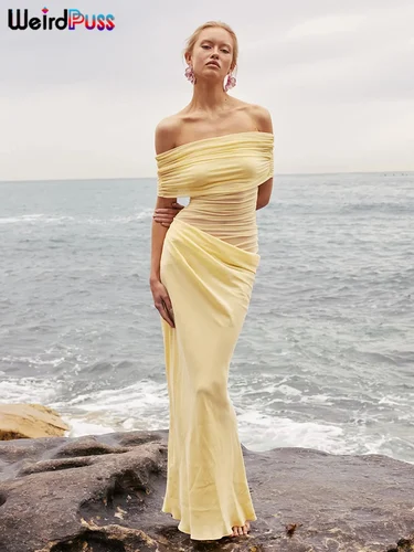 Vestido Irregular fruncido de gato extraño para mujer, vestido de malla de retales con cuello oblicuo, manga corta, ajustado, elástico, tendencia, trajes largos elegantes