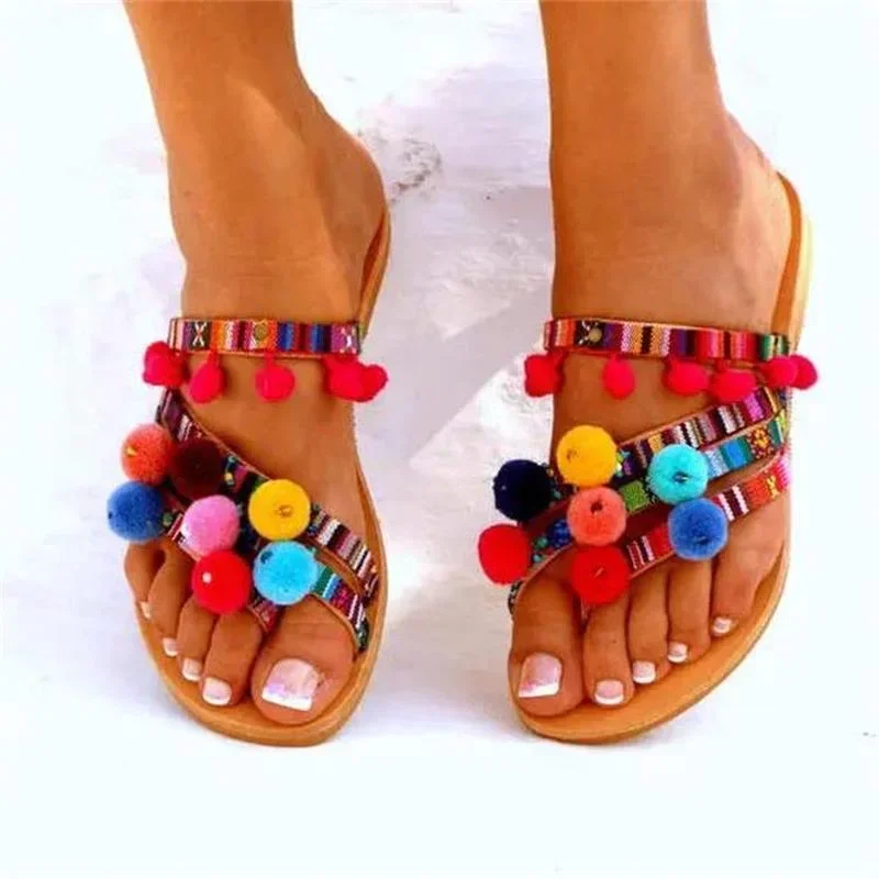 Women Summer Flats Sandals 2024 New Bohemian Flip Flops Multi-color Pom Pom Slippers Fashion Slides Casual Ladies Shoes Zapatos