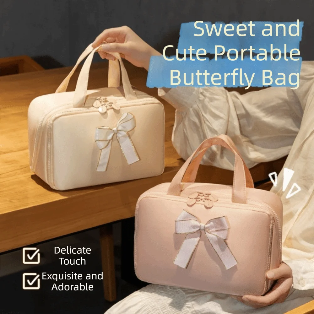 Bow Cosmetic Storage Bag Solid Color Large Capacity Toiletries Storage Pouch Multi-Functional Dustproof Travel Makeup Handbag