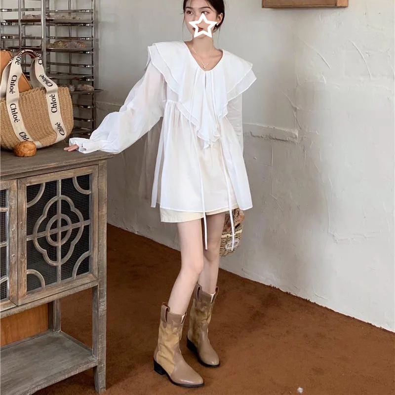 Spring Summer New White Lacing Shirt Tops Long Sleeve Pleated Patchwork Loose Plus Size Blouse Fashion Sweet Women Clothing