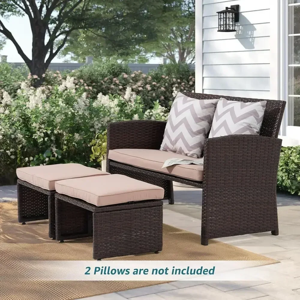 All-Weather Wicker 3-Piece Patio Furniture Set: Loveseat with Ottoman and Side Table in Brown Rattan and Beige