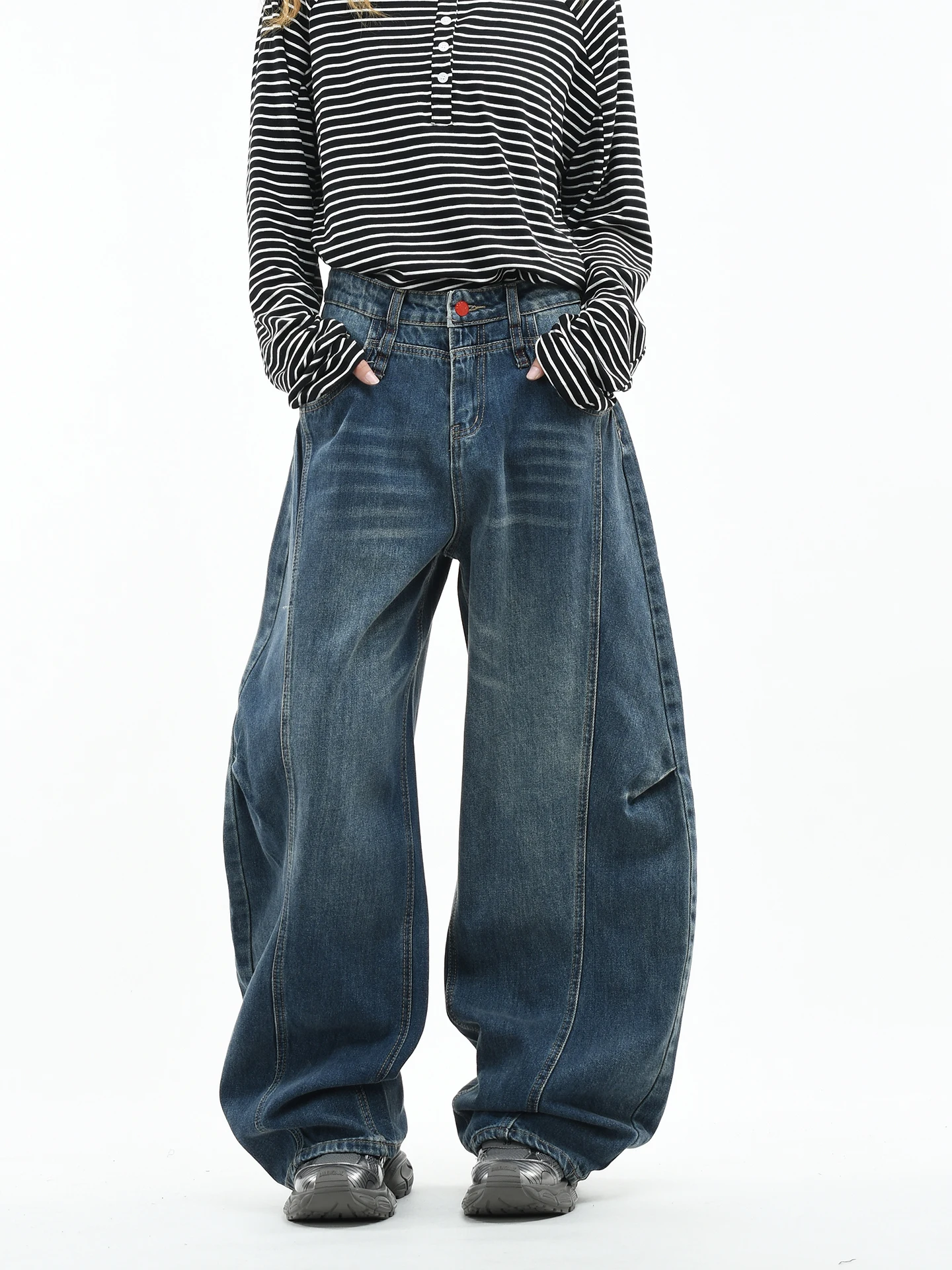 

OV Original American Sle Deconstructed Patchwork Wide Leg Jeans Men Women Street Loose Knife Denim Blue Cotton Casual
