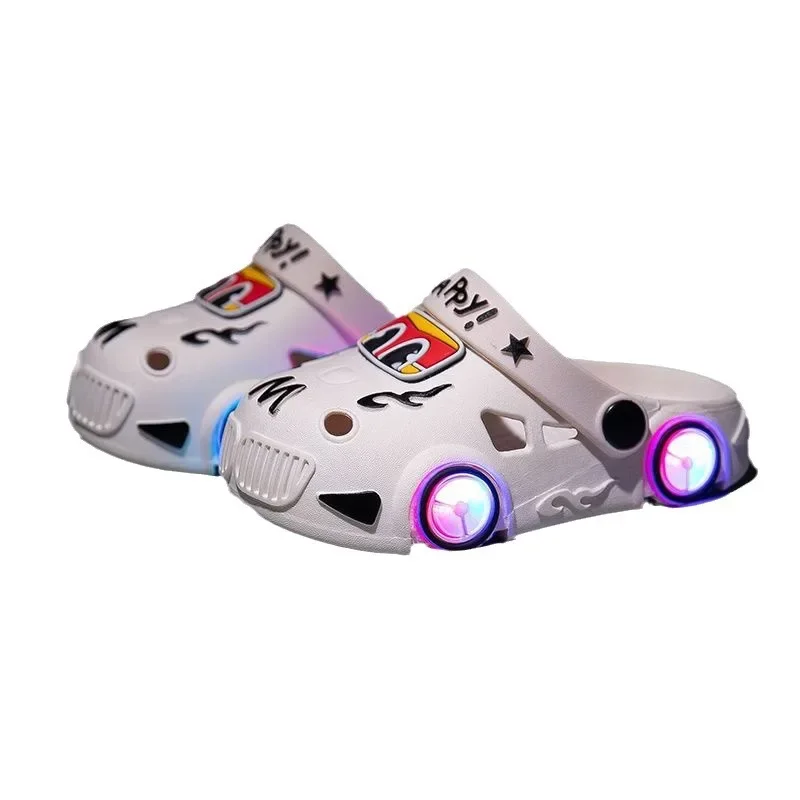 2024 Summer Children Slippers LED Lighted Boys Girls Hole Shoes Anti Slip Soft Sole Beach Sandals Cartoon Car Glowing Kids Shoes