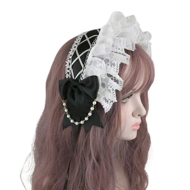 Sweet Lolita Bowknot Maid Headdress Ruffled Lace Headpiece Japanese Style Headband For Women Maid Headdress Dress Accessories