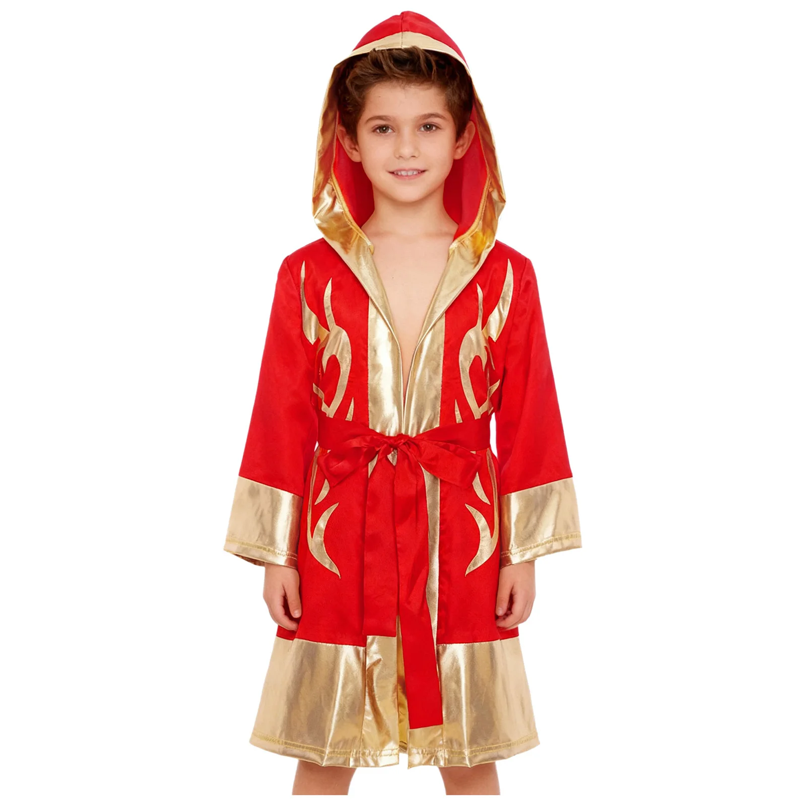 

Kids Boys Boxing Uniform Halloween Cosplay Costume Metallic Color Block Hooded Boxer Robe with Belt for Samurai Role Play