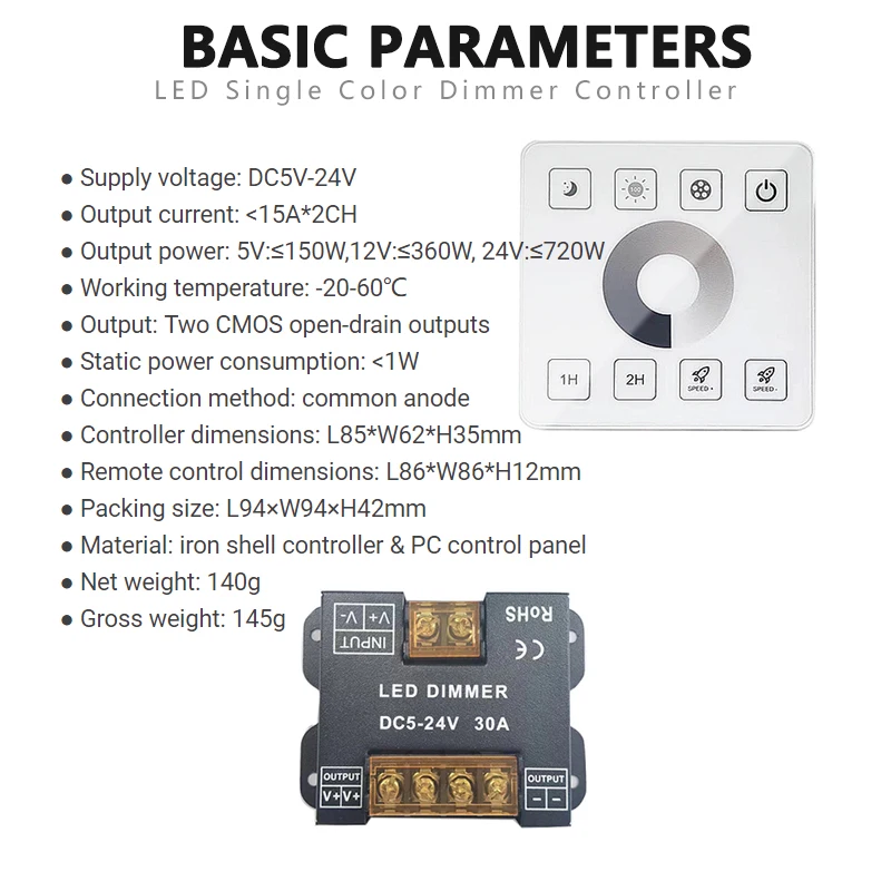 Single Color LED Controller DC 5V 12V 24V 30A 86 Type RF Wireless Dimmer Remote Panel For 5050 2835 COB Module Lamp Strips Light