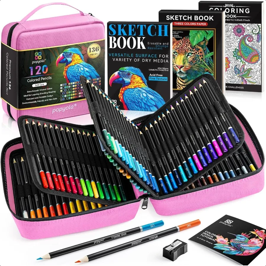 

136 PCS Colored Pencils Set for Adult Coloring Books 120 Colored Pencils with Sketchbook Coloring Book Sharpener Soft Core OilB