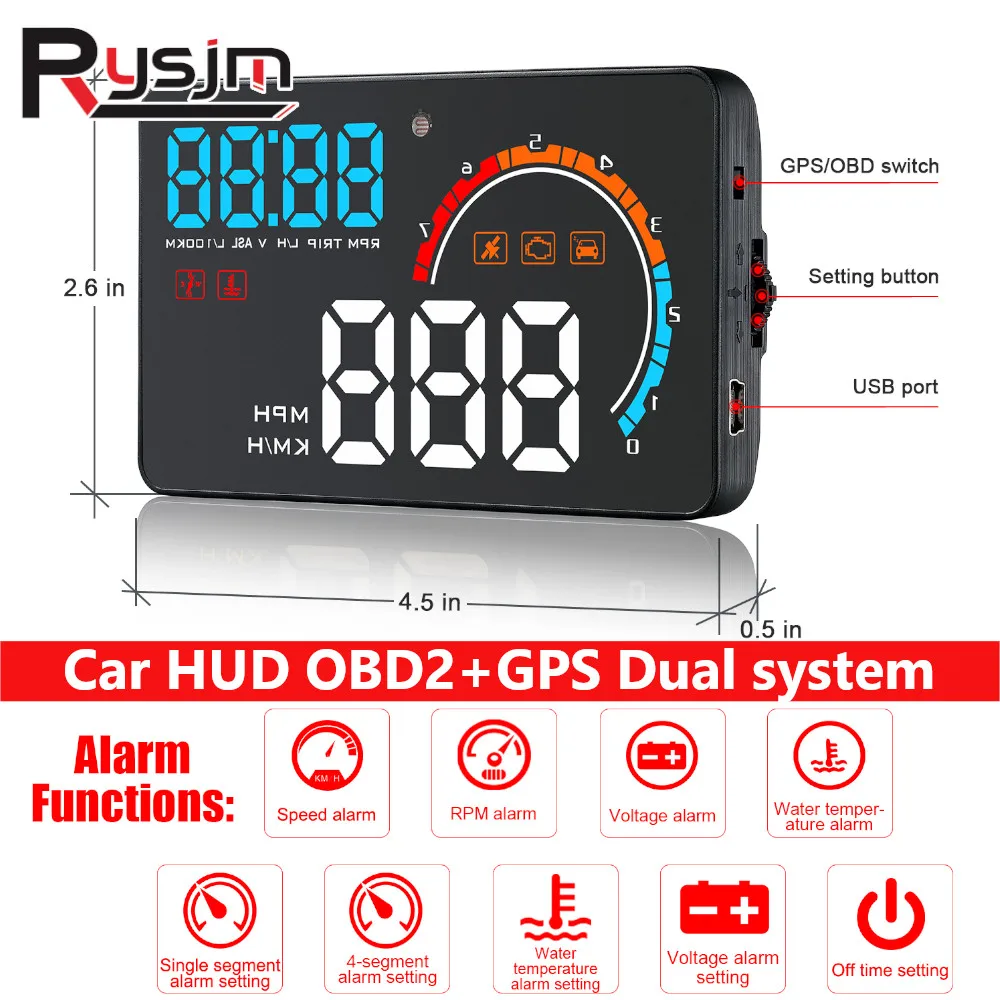 HD OBD2 Guage With GPS System HUD Auto Projector Head Up Display Car OBD2 Display Digital Speedometer Overspeed Tacho Volt Alarm