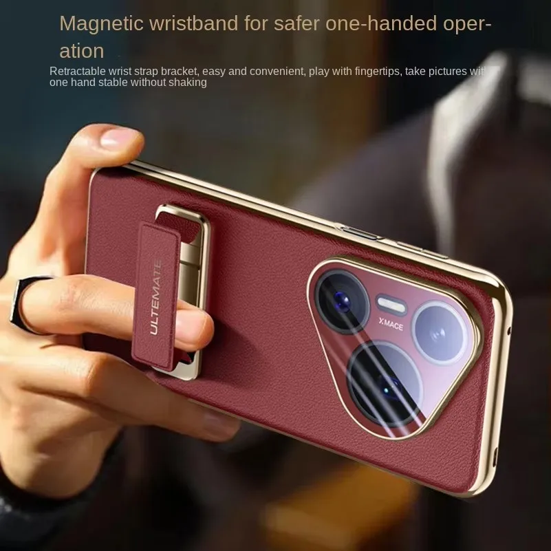 Etui na Huawei Pura 80 Ultra 80 Pro Pura 70 Pro + Slim Cover Luksusowa Skórzana Opaska na Nadgarstek i Metalowa Podstawka Pełna Ochrona Obiektywu — zdjęcie produktu 3