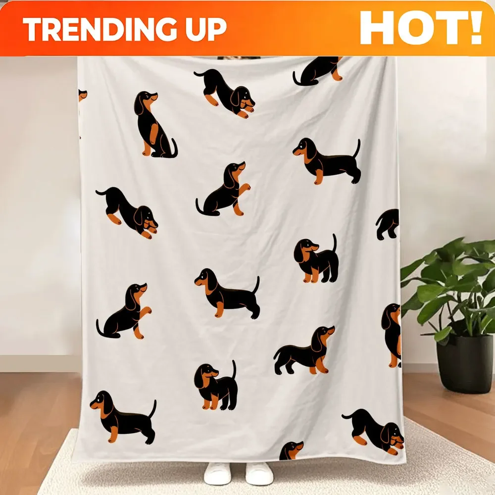 Customization Dachshund Pattern Blanket - Soft And Cosy Printed Throw With Black & Tan Doxies In Playful Poses On Beige Backgrou