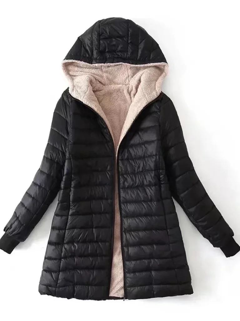 2024 Winter Mid-Length Hooded Cotton Jacket Women Autumn Lightweight Plush Lining Solid Ladies Parka Loose Female Zipper Outwear