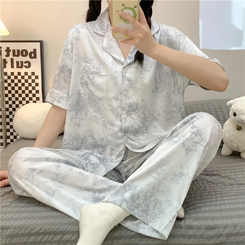 

Pajamas Women's Summer Ice Snow Silk Simple High Grade Silk Short Sleeve Pants Cardigan Small Lapel 2023 New Home Furnishing