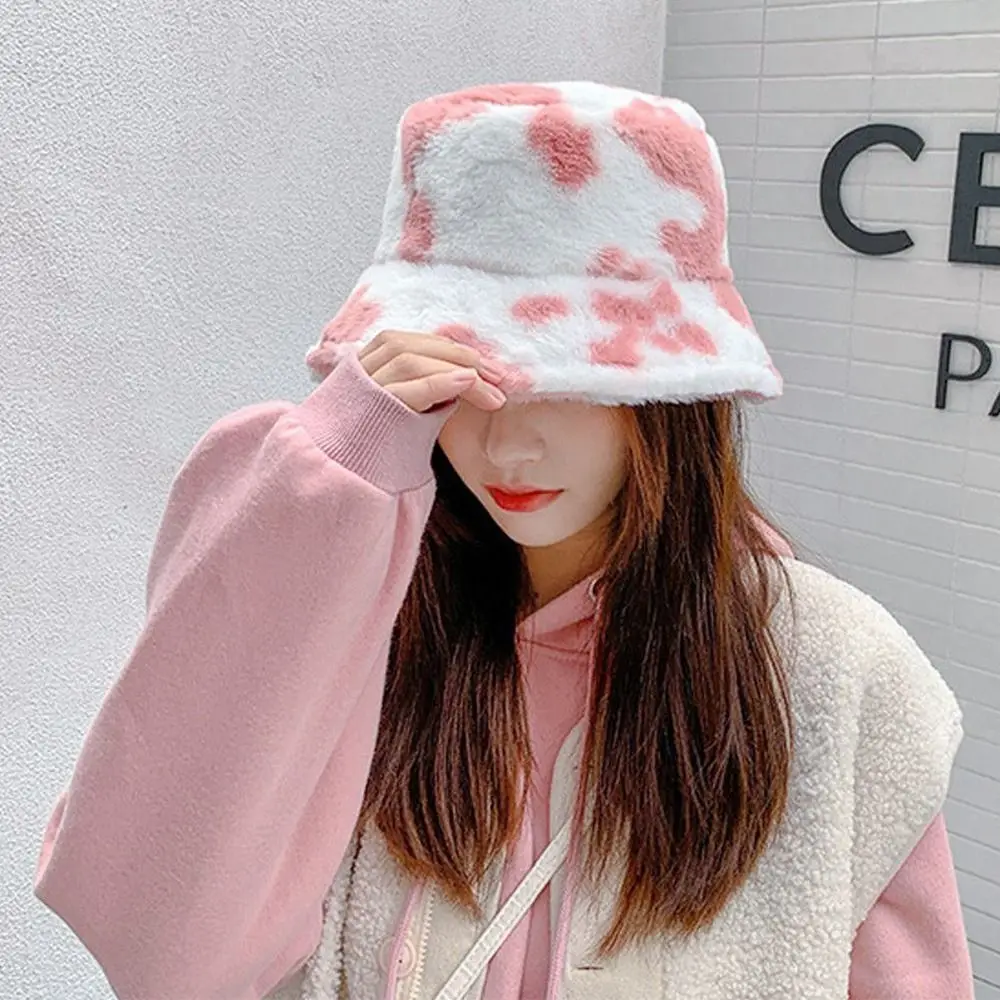 Winter Bucket Hat Women\'s Fashion Milk Cow Grain Panama Warm Hats Female Vintage Faux Fur Fisherman Cap Hats For Women Casual