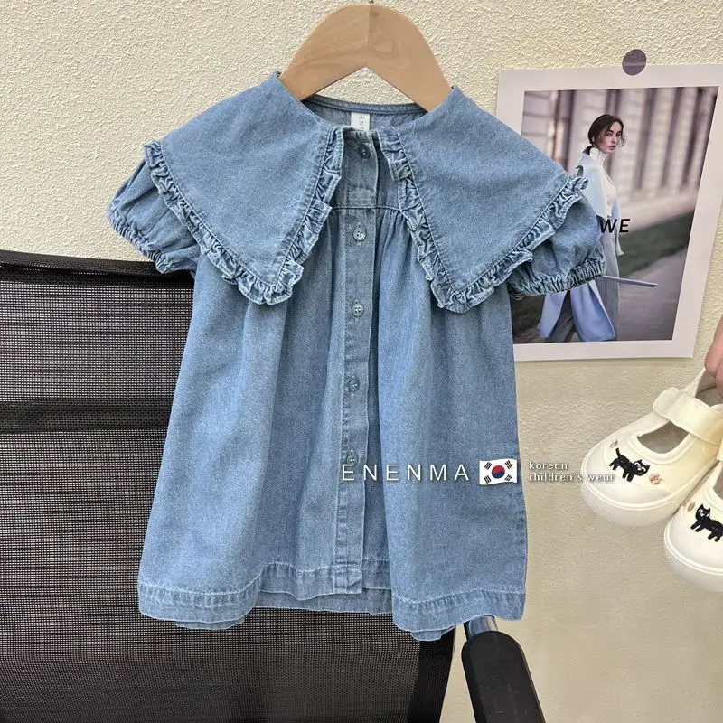 Vestito per bambini vestito estivo da ragazza alla moda con maniche a bolle vestito in Denim a maniche corte in cotone per bambini vestito da