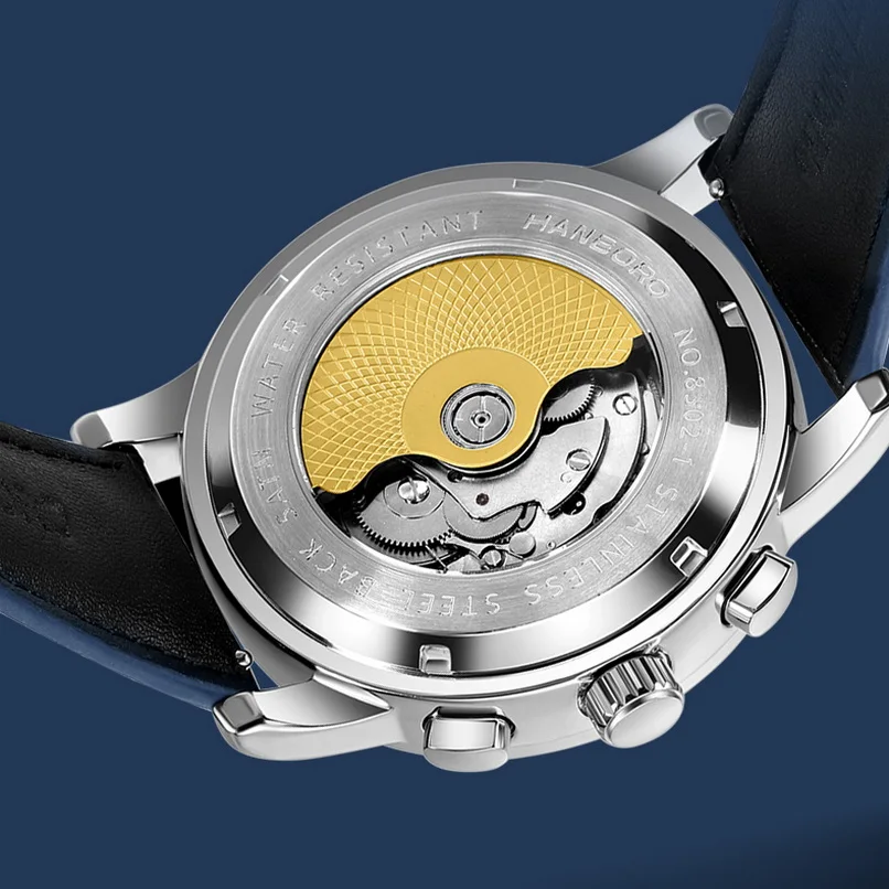 هانبورو ساعة أوتوماتيكية للرجال 43.5 ملم ساعة يد ميكانيكية فاخرة مضيئة ياقوت متعدد الطلب شهر تاريخ الأسبوع 24 ساعة كريستال