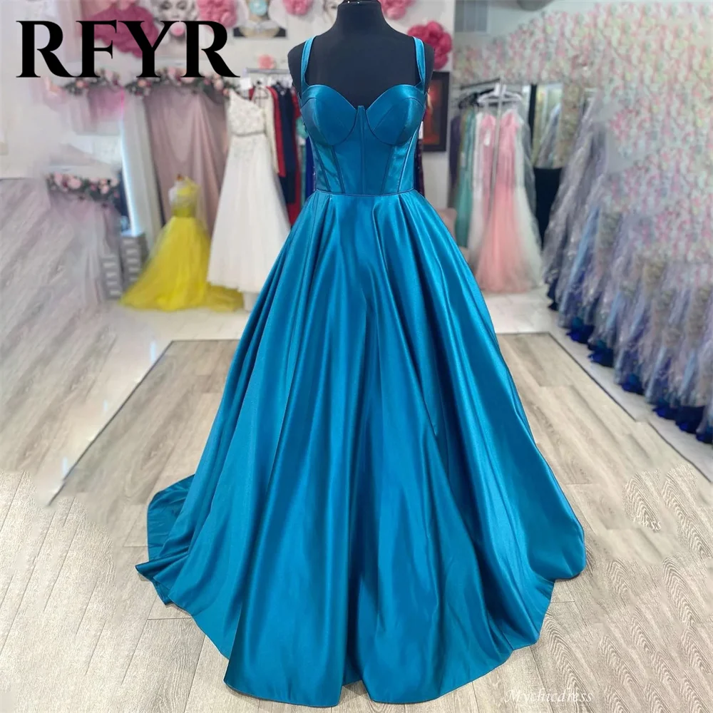 

RFYR Navy Blue Stain Prom Dress Spaghetti Strap Party Dress A Line Celebrity Gowns Sweetheart Wedding Party Dresses فستان سهرة