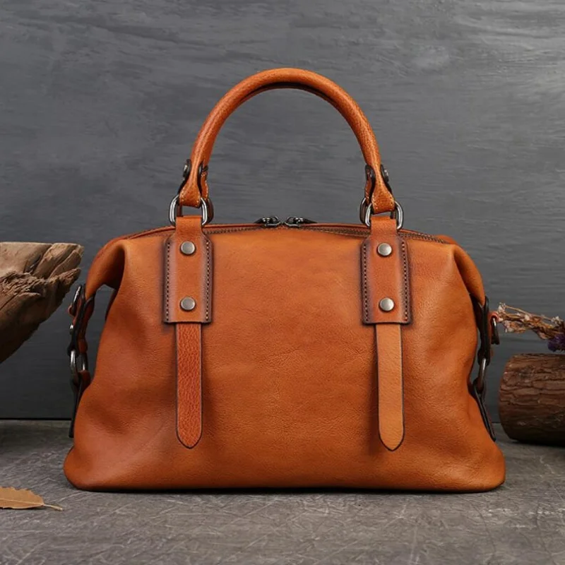 Top Layer Cowhide Handbag Vintage Style Women Functional Commuting Shoulder Bags Dual Zipper Pure Color Genuine Leather Tote