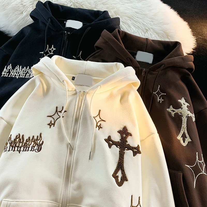 Y2K Women Zipper Chic Hoodies Fashion Autumn Winter Embroidered Oversized Sweater Coats Casual Holiday Loose Female Sweatshirt