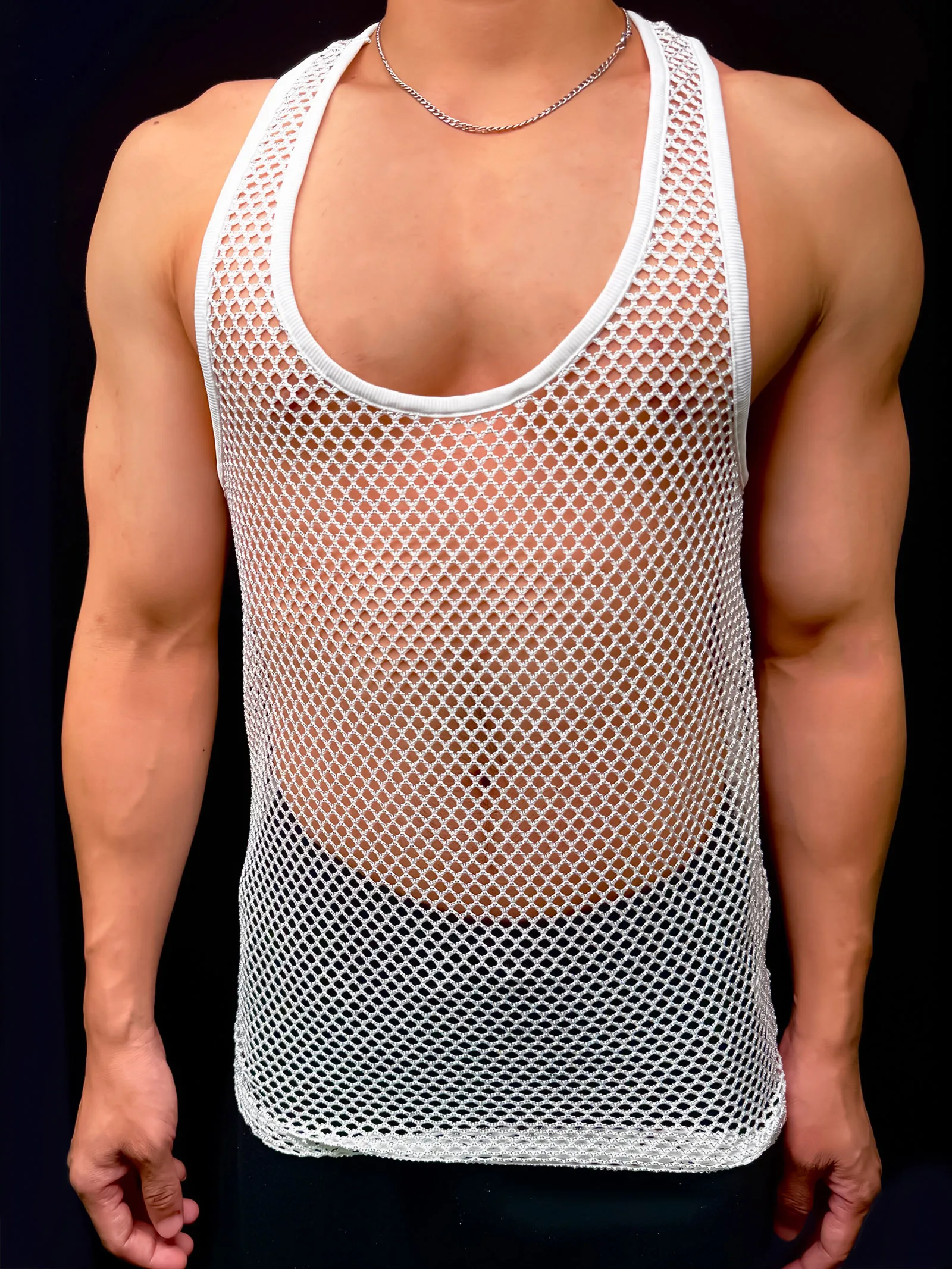 Sport-Mesh-Tanktop für Herren, Racerback, ärmelloses Shirt, Fitness- und Lauf-Muskelshirt, bunte Linien, durchsichtige Netz-Oberteile – Detail 8