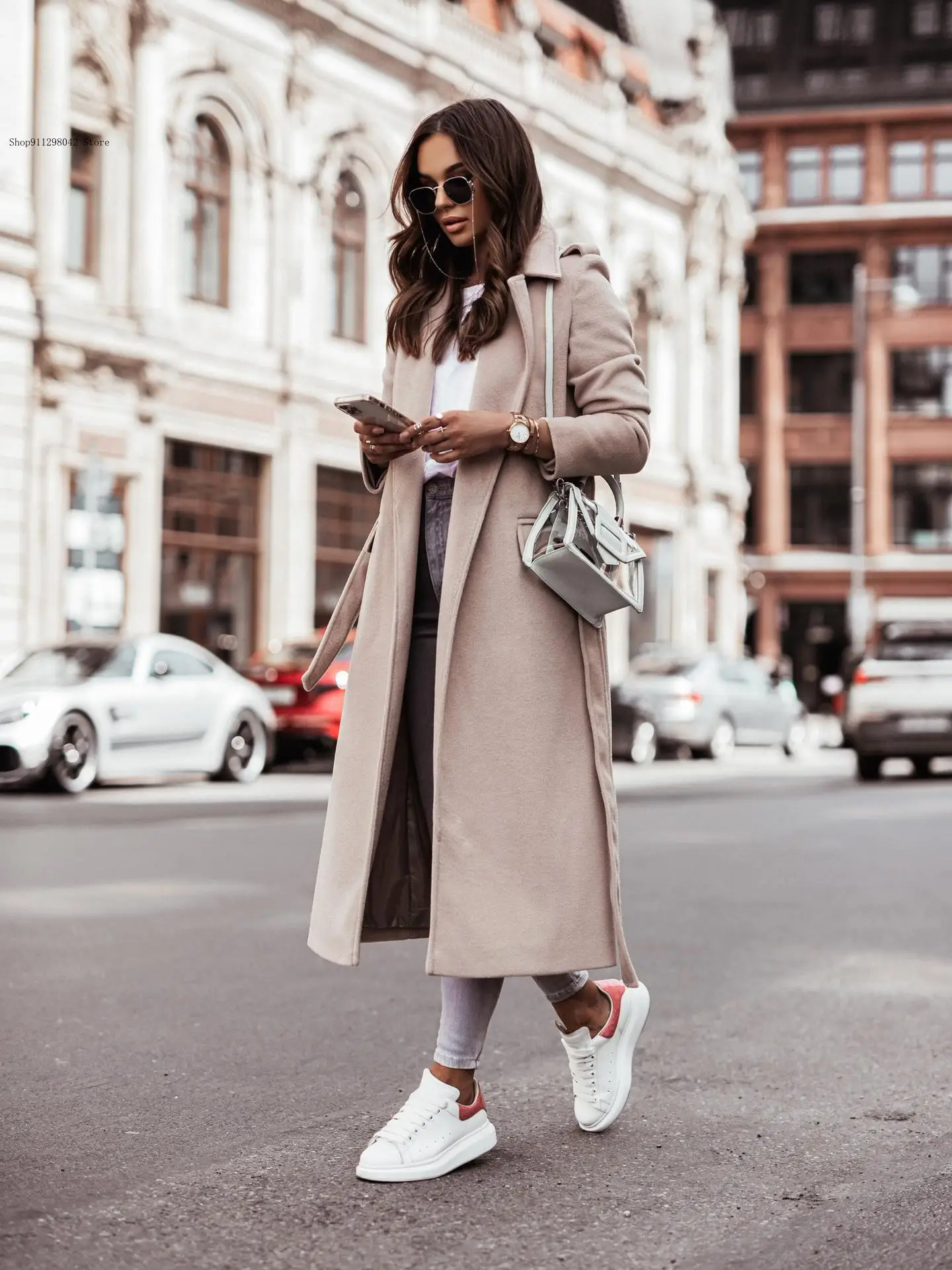Spring and Autumn Winter Pure Color Casual Overcoat Outwear Coat Trench Jacket Long Windproof Lapel Belted Women
