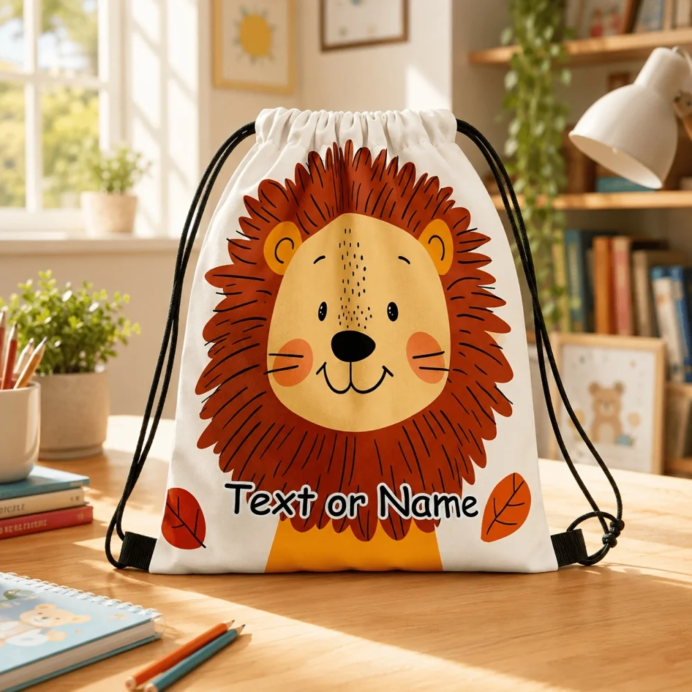 1Pc Custom Name/Text Cute Lion Face Drawstring Bag,Travel Backpack,Unisex Lightweight Storage Pouch,Halloween and Christmas Gift