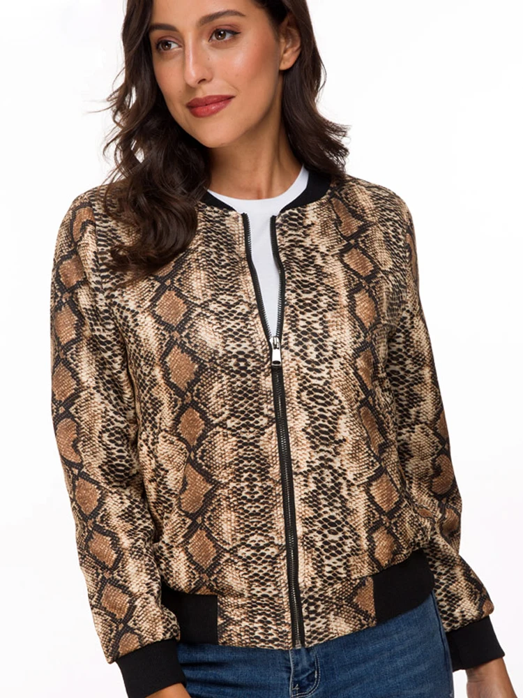 Vangull-Chaqueta con estampado de piel de serpiente para mujer, abrigo de béisbol informal de manga larga con cierre de cremallera y cuello redondo, novedad, Primavera