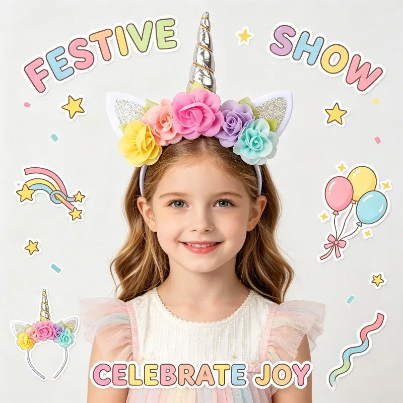 Unicorn Silver Flower Headband Kids Birthday Party Hair Hoop Girls Halloween Cosplay Floral Hair Accessories Cute Party Headwear