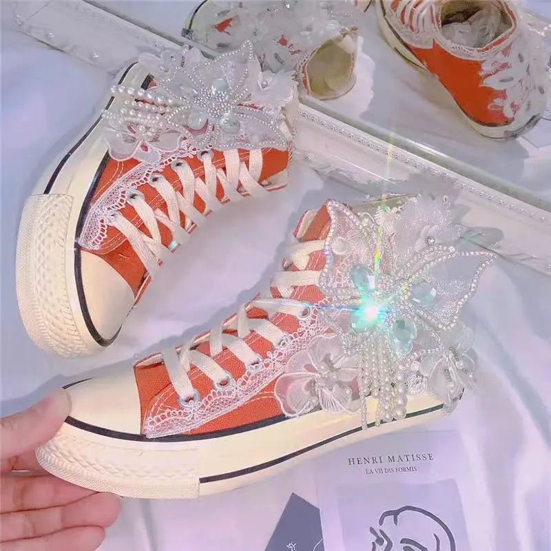 

Custom three-dimensional flower rhinestone pearl canvas shoes red large size high top wedding party shoes 35-46