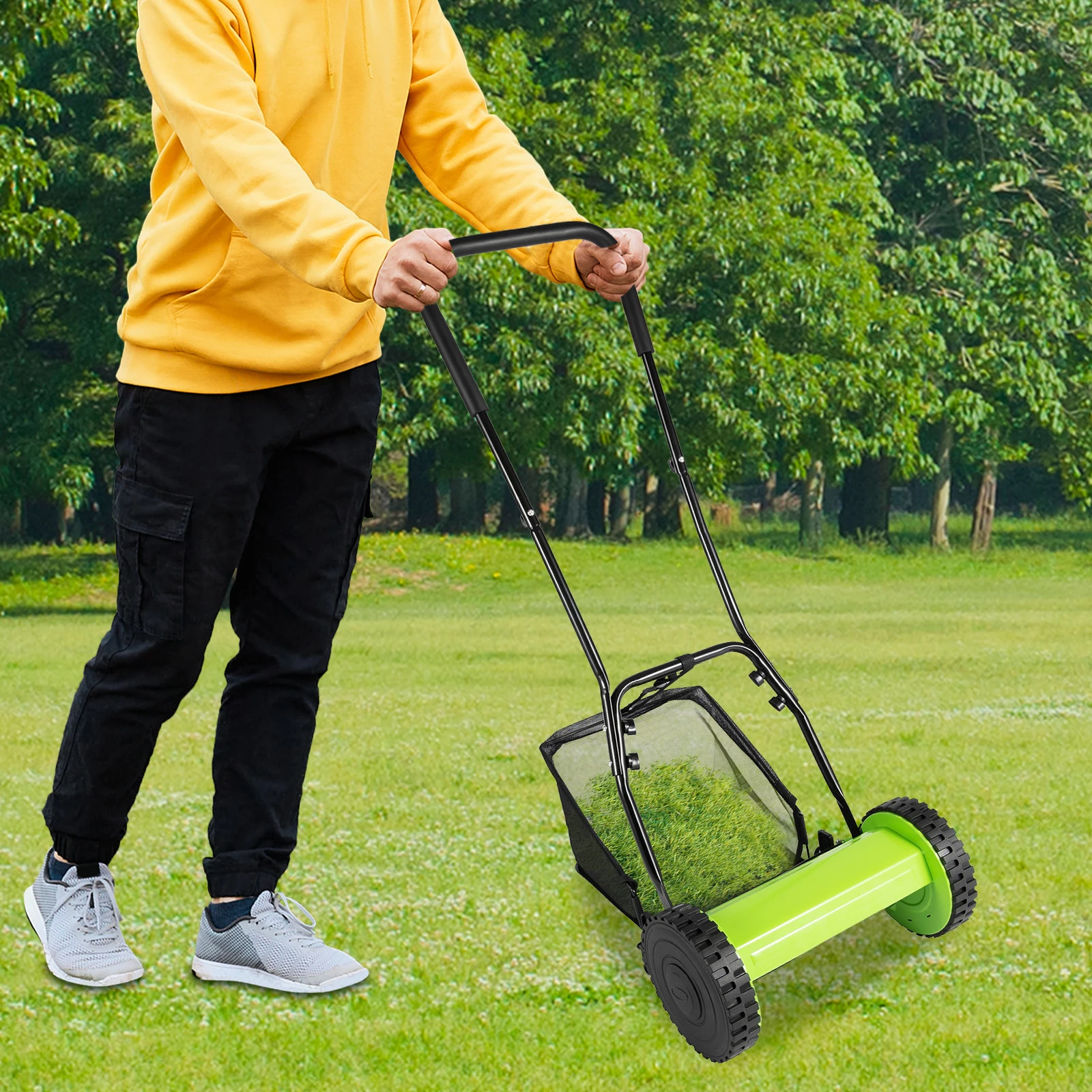 

12 Inch Manual Push Reel Lawn Mower, Adjustable Cutting Height 5 Blades Hand Push Grass Cutter with 23L Collection Bag, Eco-Friendly Lawn Sweeper for Garden Yard