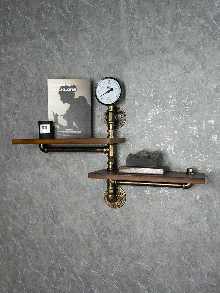 رف جداري إبداعي على الطراز الصناعي رف كتب مزخرف على شكل أنابيب مياه عتيقة معلقة على الحائط من الخشب الصلب والحديد المطاوع #5