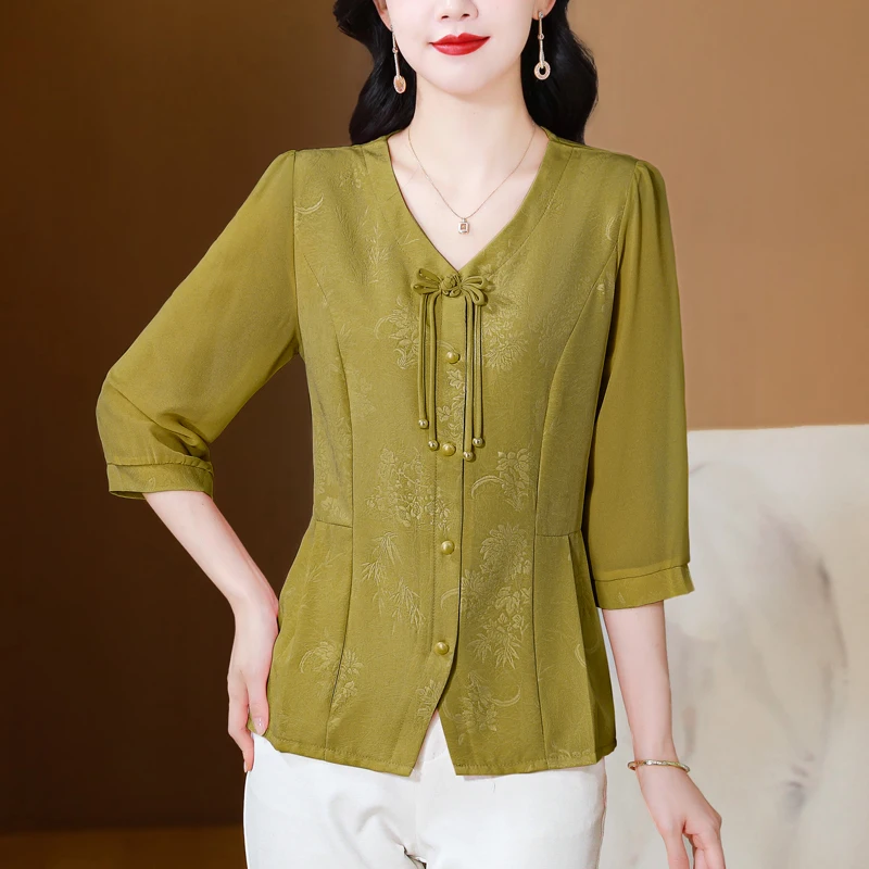 

Summer New 2025 Fashion Casual Middle Aged and Elderly Mothers' Clothing Chinese Style Loose Chiffon Blouse Shirt