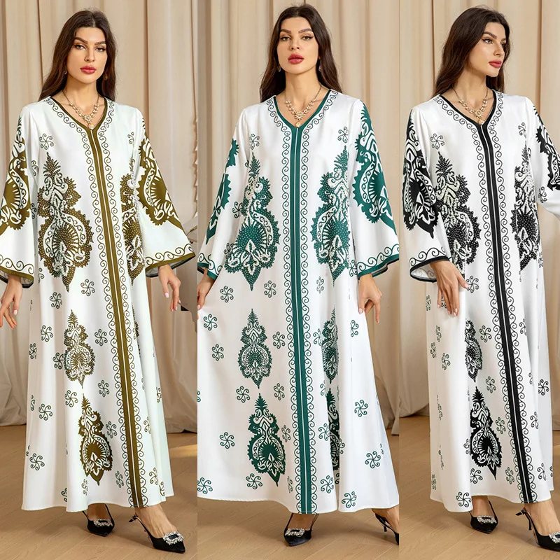 Light Luxury Arabia Abaya Dubai Muslim Dress for Women Fashion Diamond Print Muslim Evening Dress Femme Clothes for Muslim Women