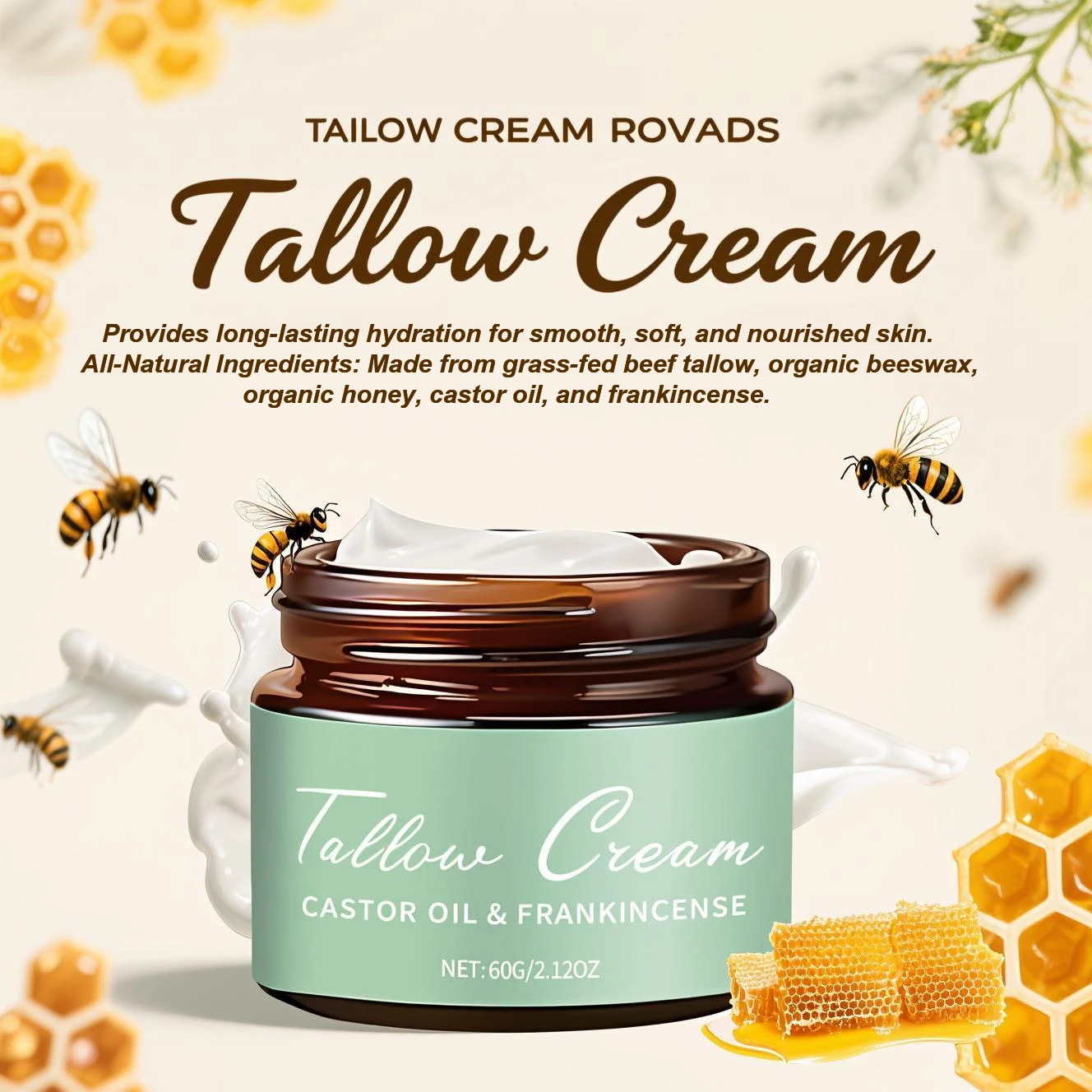 Crema Tallow Herb-Fed con aceite de ricino y incienso - 60 g de bálsamo hidratante profundo para rostro y cuerpo para todo tipo de piel 2025