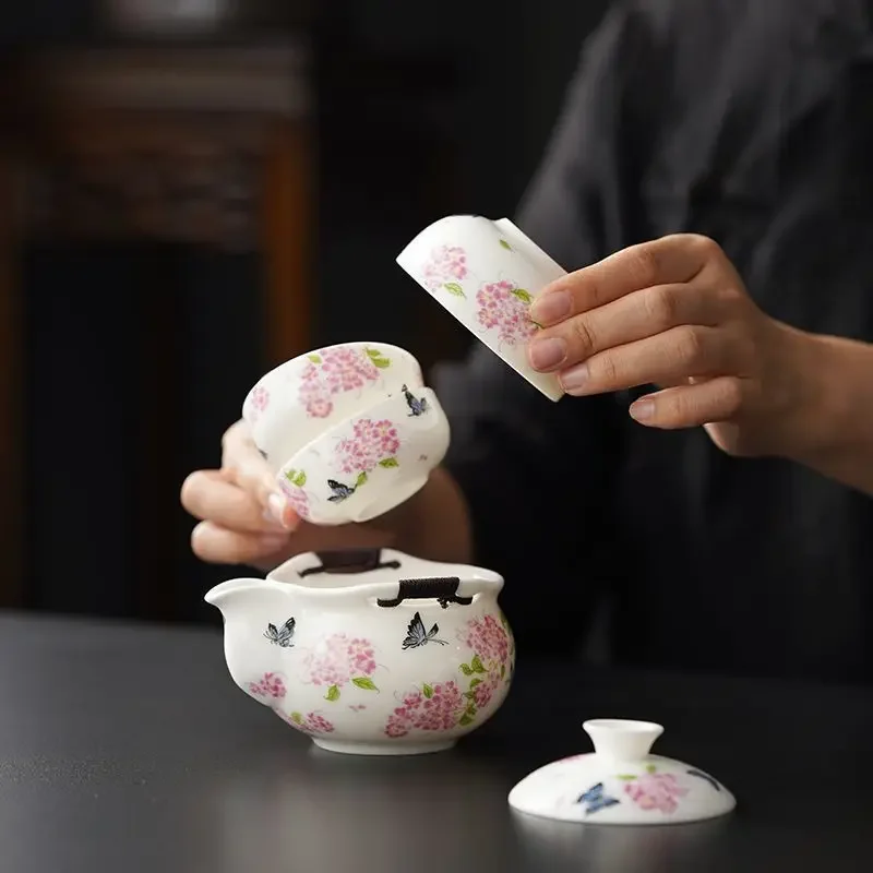 Dielianhua Flowers Unique Luxury Tea Ceremony Set Camping Travel Tea Set Quick Cup Outdoor Gift Gaiwan Portable Tea Maker Set