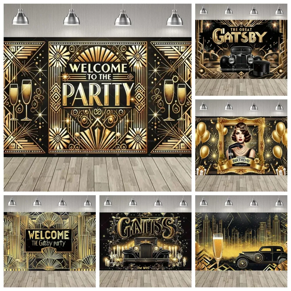 

Vintage Black Gold Jazz Era Theme Banner Photography Backdrop Cloth, Adult Birthday Party Decoration Photography Studio Backdrop